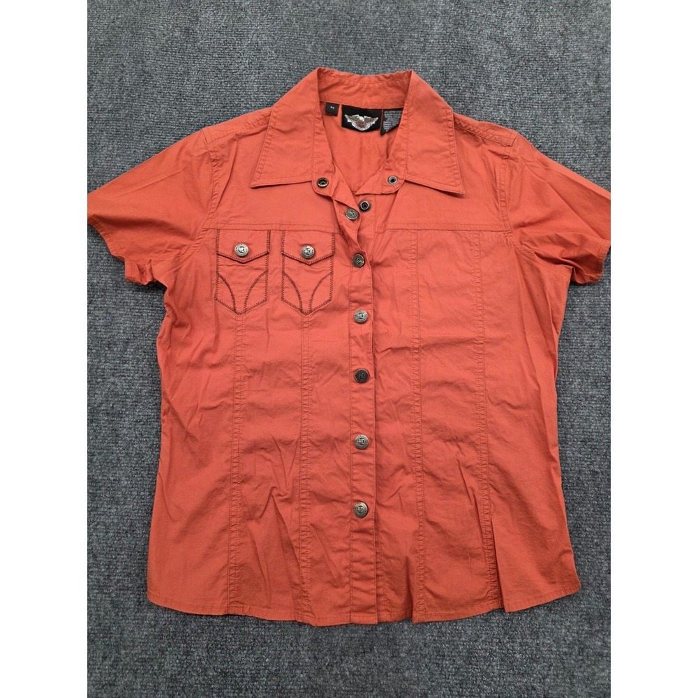 Harley Davidson Y2K Button Down Snap Shirt Top Embroidered Orange Ladies - M